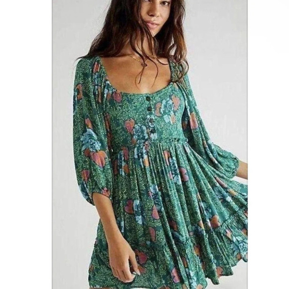 Free People Floral Dress Women’s S Green Open Back Puff Sleeve Smocked Summer - Picture 2 of 10